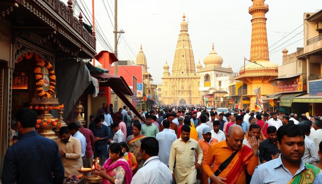 A bustling street in a vibrant Indian city, with devotees engaged in diverse religious practices. In the foreground, people offer prayers and light incense sticks before elaborately decorated shrines. The middle ground showcases a mix of traditional and contemporary attire, as individuals perform rituals and meditate. In the background, towering temples and mosques stand as timeless sentinels, their ornate architecture bathed in warm, golden light. The scene conveys a harmonious blend of the sacred and the secular, capturing the enduring spirit of India's rich spiritual tapestry. A bustling street in a vibrant Indian city, with devotees engaged in diverse religious practices. In the foreground, people offer prayers and light incense sticks before elaborately decorated shrines. The middle ground showcases a mix of traditional and contemporary attire, as individuals perform rituals and meditate. In the background, towering temples and mosques stand as timeless sentinels, their ornate architecture bathed in warm, golden light. The scene conveys a harmonious blend of the sacred and the secular, capturing the enduring spirit of India's rich spiritual tapestry.