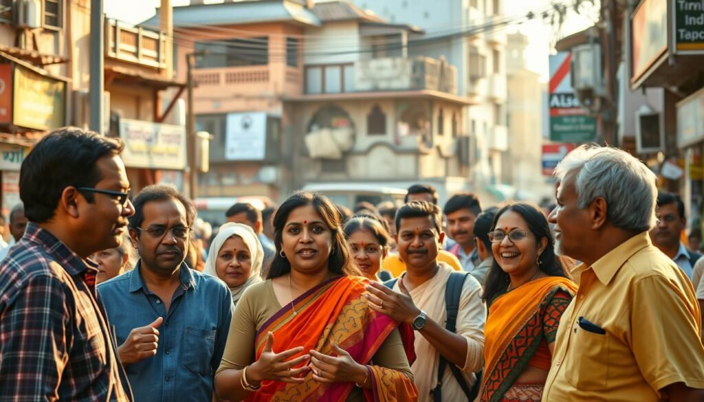 A bustling street in a vibrant Indian city, with people from diverse backgrounds engaged in lively conversation. In the foreground, a group of individuals from different ethnic groups gesturing animatedly, their faces alight with a spirit of mutual understanding. In the middle ground, a mix of traditional and modern architecture frames the scene, reflecting the blending of cultures. The background is bathed in warm, golden light, creating a sense of harmony and shared humanity. The entire composition conveys the rich tapestry of languages, customs, and perspectives that make up the fabric of cross-cultural communication in India.