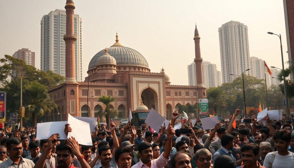 A bustling street scene in New Delhi, India, where the ornate domes of a grand mosque rise majestically against the backdrop of a modern high-rise skyline. In the foreground, a lively protest unfolds, with a diverse crowd of citizens waving placards and chanting slogans, their faces etched with a mix of passion and determination. The scene is bathed in warm, golden light, creating a sense of timeless drama as religion and politics collide in the heart of this vibrant nation. The composition is dynamic, with diagonal lines and dramatic angles guiding the eye through the multilayered tableau. The overall mood is one of energy, conflict, and the enduring spirit of India's pluralistic society. A bustling street scene in New Delhi, India, where the ornate domes of a grand mosque rise majestically against the backdrop of a modern high-rise skyline. In the foreground, a lively protest unfolds, with a diverse crowd of citizens waving placards and chanting slogans, their faces etched with a mix of passion and determination. The scene is bathed in warm, golden light, creating a sense of timeless drama as religion and politics collide in the heart of this vibrant nation. The composition is dynamic, with diagonal lines and dramatic angles guiding the eye through the multilayered tableau. The overall mood is one of energy, conflict, and the enduring spirit of India's pluralistic society.
