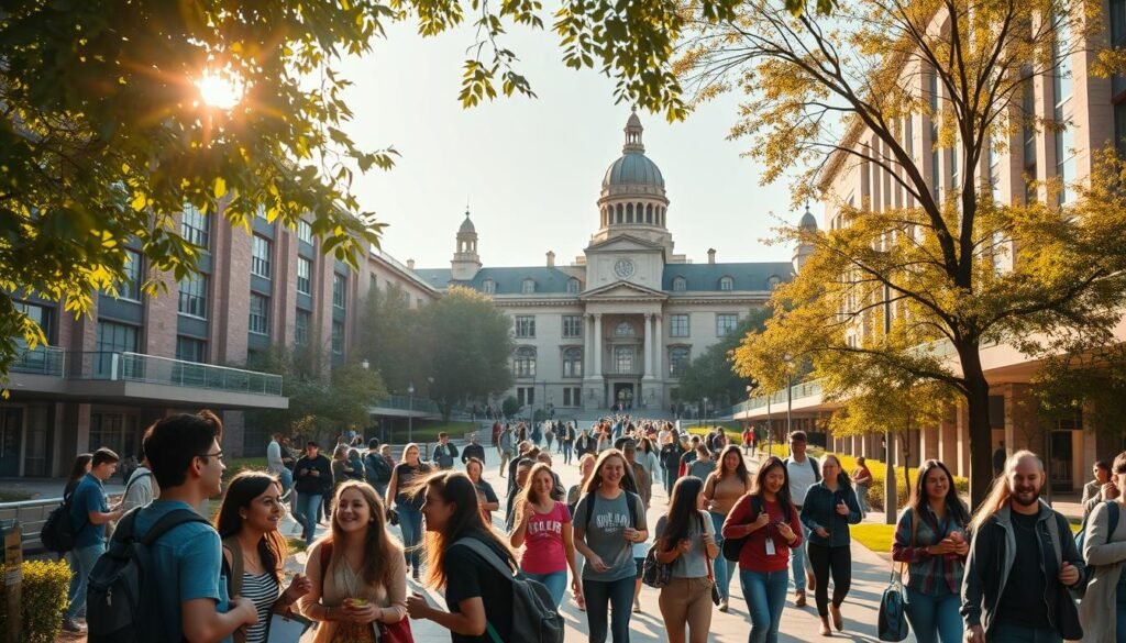 A bustling university campus in a vibrant global city, with students from diverse backgrounds engaged in lively discussions, studying in well-equipped libraries, and exploring the local culture. Warm afternoon sunlight filters through the trees, casting a golden glow over the scene. In the foreground, a group of friends laughing and sharing a meal, while in the middle ground, students hurry to their next class, backpacks in tow. The background showcases iconic architecture, blending modern and traditional styles. Lens: 35mm, Lighting: natural, soft. Mood: Energetic, Cosmopolitan. Photographer: IndiaVibes Today.
