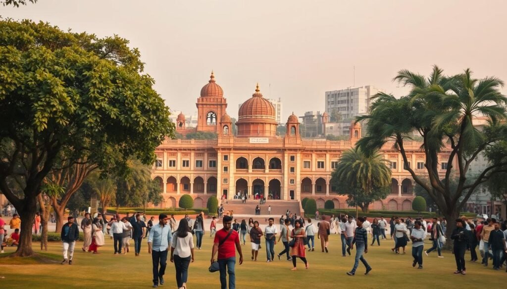 A bustling university campus nestled in the heart of Varanasi, Banaras Hindu University (BHU) exudes a vibrant, intellectual atmosphere. In the foreground, students stroll leisurely across a lush, tree-lined courtyard, engaged in animated discussions. The iconic domes and arches of the heritage buildings loom in the middle ground, casting warm, golden shadows. In the background, modern academic blocks and laboratories stand as symbols of BHU's commitment to blending tradition and innovation. The scene is bathed in soft, diffused lighting, creating a serene, contemplative mood that captures the essence of student life at this esteemed institution.