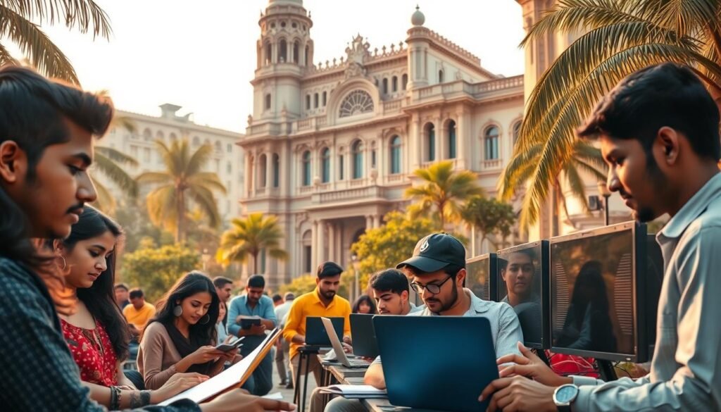 A bustling university campus nestled in the heart of a vibrant Indian city. The foreground showcases a group of diverse students deeply engrossed in their studies, laptops and textbooks in hand, their expressions conveying a sense of determination and intellectual curiosity. In the middle ground, a modern, well-equipped computer lab with rows of gleaming desktops, symbolizing the technological prowess of Indian tech education. The background features a towering, architecturally-stunning academic building, its facade adorned with intricate carvings and a blend of traditional and contemporary design elements. Warm, golden lighting bathes the scene, creating an atmosphere of productivity, innovation, and a promising future for India's next generation of tech leaders.