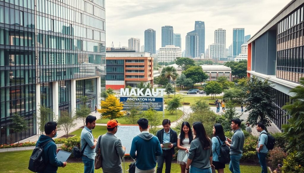 A bustling university campus with modern, glass-façade buildings and lush green spaces. In the foreground, a group of students and industry professionals engaged in animated discussion, surrounded by the trappings of a startup accelerator program - laptops, whiteboards, and prototypes. The mid-ground features signage for MAKAUT's "Innovation Hub," a collaborative workspace where students and entrepreneurs work side-by-side. In the background, the skyline is dotted with high-tech corporate offices, hinting at the strong industry partnerships that support MAKAUT's startup initiatives. Soft, diffused lighting creates a warm, productive atmosphere, reflecting the university's commitment to fostering the next generation of tech innovators. A bustling university campus with modern, glass-façade buildings and lush green spaces. In the foreground, a group of students and industry professionals engaged in animated discussion, surrounded by the trappings of a startup accelerator program - laptops, whiteboards, and prototypes. The mid-ground features signage for MAKAUT's "Innovation Hub," a collaborative workspace where students and entrepreneurs work side-by-side. In the background, the skyline is dotted with high-tech corporate offices, hinting at the strong industry partnerships that support MAKAUT's startup initiatives. Soft, diffused lighting creates a warm, productive atmosphere, reflecting the university's commitment to fostering the next generation of tech innovators.