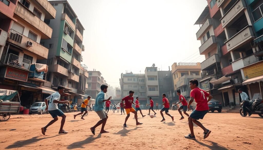 A bustling urban football pitch in India, with vibrant colors and lively atmosphere. In the foreground, a group of young players engaged in a spirited game, their movements captured in dynamic poses. The middle ground showcases the surrounding environment, with colorful buildings, shops, and street vendors lining the narrow alleyways. The background features a hazy, sun-dappled sky, creating a warm, golden glow that envelops the scene. The lighting is natural and diffused, casting soft shadows and highlights that accentuate the energy and movement of the players. The lens captures a wide, panoramic view, providing a sense of immersion and the scale of the urban landscape.