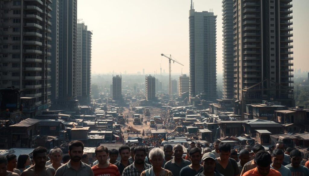 A bustling urban landscape, where towering skyscrapers cast long shadows over tightly packed slum dwellings. In the foreground, a group of residents stand in protest, their faces etched with a mix of desperation and resolve, as they face the looming threat of eviction. The middle ground is a chaotic scene of bulldozers and construction crews, symbols of the relentless drive for expansion. In the distance, a hazy horizon line suggests the ever-growing boundaries of the city, leaving the marginalized communities behind. The lighting is harsh, creating a sense of stark contrast and unforgiving reality. The overall mood is one of tension, displacement, and the human cost of unchecked urban growth.