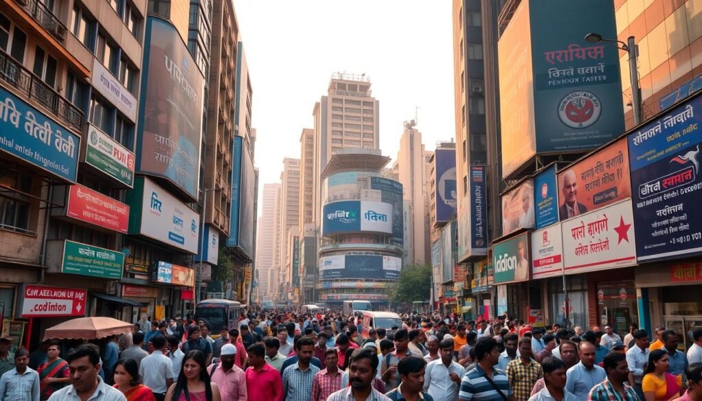 A bustling urban scene in modern India, with a mix of colonial-era architecture and contemporary high-rises. In the foreground, a diverse crowd of people navigate the busy streets, their attire and body language reflecting the blending of traditional and Western influences. Towering overhead, billboards and signage display English alongside regional languages, showcasing the widespread use of the colonial tongue. Warm, diffused lighting casts a golden glow, creating an atmosphere of vibrant cultural fusion. The composition captures the dynamic interplay between India's historical legacy and its rapid modernization, where the legacy of English endures as a unifying linguistic force.