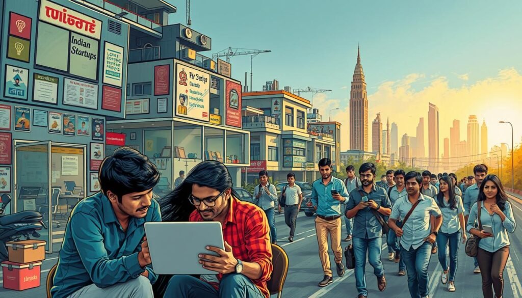 A bustling urban scene of Indian startups, captured in a dynamic, vibrant style. In the foreground, a group of young entrepreneurs huddle around a laptop, passionately discussing their latest product idea. Behind them, a diverse array of office spaces and co-working hubs, their walls adorned with motivational posters and quirky decor, reflecting the playful, innovative spirit of the Indian startup ecosystem. In the middle ground, software engineers and designers hurry through the streets, smartphones in hand, their expressions a mix of determination and excitement. In the background, the iconic skyline of an Indian city shimmers under the warm glow of the sun, a testament to the country's rapid technological advancements. The overall atmosphere conveys a sense of energy, creativity, and the relentless pursuit of new solutions to age-old problems - the essence of "jugaad", or frugal innovation.