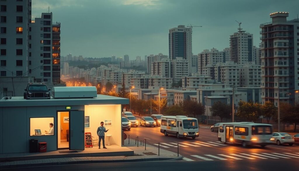 A bustling urban scene, showcasing innovative and cost-effective healthcare solutions. In the foreground, a modular, reconfigurable medical clinic with a minimalist, yet functional design, bathed in warm, diffused lighting. In the middle ground, a fleet of compact, electric-powered mobile health units navigating the streets, bringing care to underserved communities. In the background, a sprawling skyline of low-cost, energy-efficient housing projects, symbolizing the integration of affordable living and accessible healthcare. The overall atmosphere conveys a sense of progress, optimism, and a commitment to delivering high-quality, innovative solutions to those in need.