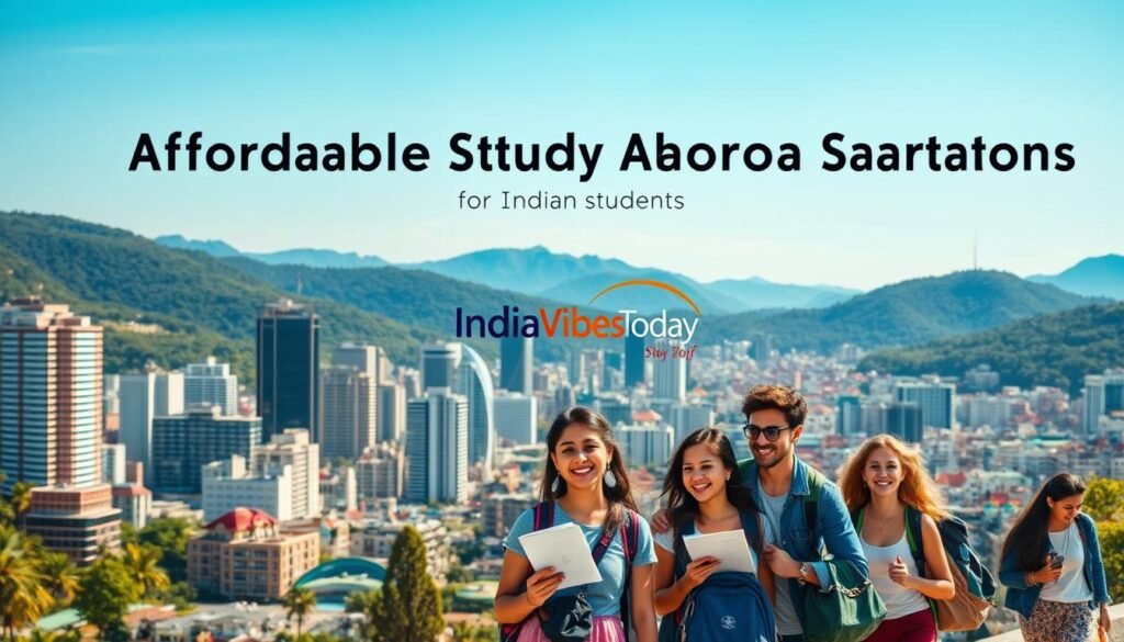 A bustling urban skyline with modern high-rise buildings and vibrant city life in the foreground, set against a backdrop of lush green hills and a clear blue sky. In the middle ground, a group of diverse students happily exploring the city, carrying backpacks and campus maps, representing the international nature of study abroad. The scene is bathed in warm, golden sunlight, capturing the sense of discovery and adventure. The overall mood is one of excitement, opportunity, and affordability, conveying the "Affordable Study Abroad Destinations for Indian Students" theme. Subtle branding for "IndiaVibes Today" can be seen in the background.
