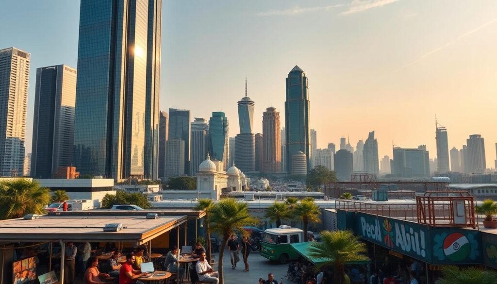 A bustling urban skyline with towering glass-and-steel skyscrapers, their sleek facades glistening in the warm morning sunlight. In the foreground, a thriving startup hub, its open-plan offices filled with young, energetic professionals, laptops and whiteboards in hand, deep in animated discussions. The middle ground features a lively street scene, food trucks and cafes catering to the tech crowd, surrounded by vibrant street art and murals celebrating India's entrepreneurial spirit. In the distance, the iconic landmarks of a rapidly modernizing city, a symbol of India's newfound economic dynamism and the rise of a new generation of innovators and disruptors.