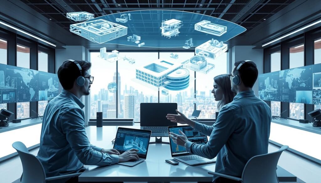 A bustling virtual office space with holographic screens and 3D models floating in the air. In the foreground, two remote teammates collaborate seamlessly, their avatars interacting as they review a complex BIM model. The middle ground features various digital tools and interfaces, allowing for real-time coordination and data sharing. The background showcases a sleek, minimalist setting with futuristic lighting and a cityscape visible through large windows, conveying a sense of global connectivity. The scene exudes a mood of efficiency, innovation, and effortless collaboration across distributed teams.
