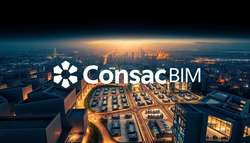 A captivating aerial view of the Consac BIM logo and surrounding infrastructure, illuminated by soft, directional lighting. The logo appears prominently in the foreground, its sleek and modern design standing out against a backdrop of geometric buildings and interconnected pathways. In the middle ground, a network of collaborative workspaces and conference rooms, bustling with activity as global teams engage in BIM-powered coordination and design. The background features a panoramic cityscape, hinting at the global reach and impact of Consac's BIM technology. The overall scene conveys a sense of unity, innovation, and the seamless integration of digital tools in the built environment.