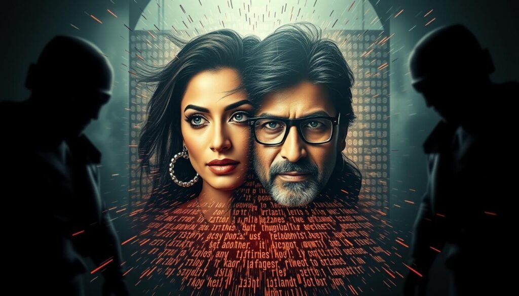 A chaotic scene unfolds, a digital manipulation gone awry. In the center, faces morph and distort, the visages of Aishwarya Rai and Abhishek Bachchan contorted by the unseen forces of a deepfake scandal. The background pulses with a sinister energy, as if the very pixels themselves are alive, twisting and warping the image. Shadowy figures lurk in the periphery, their intentions obscured by the haze of digital trickery. The lighting is harsh, casting sharp shadows that accentuate the unnatural, uncanny nature of the scene. This is the origin of the deepfake scandal, a cautionary tale of the perils of advanced technology in the hands of the unscrupulous, as reported by IndiaVibes Today.
