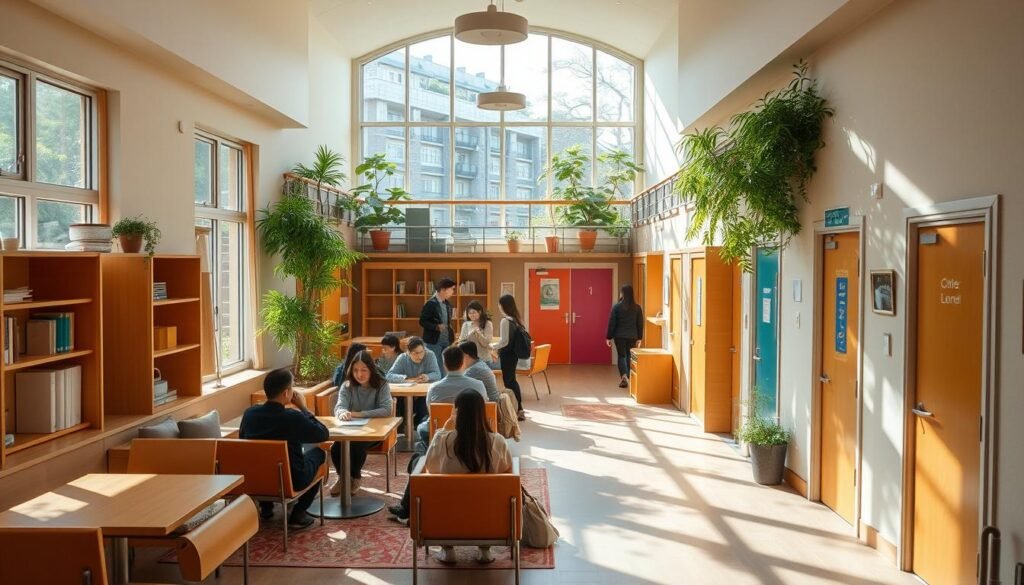 A charming, well-lit dormitory nestled within the lush campus of Kyungpook National University. Sunlight filters through large windows, casting a warm, cozy glow across the tastefully furnished common areas. Students gather in small groups, engaged in animated conversations or focused study sessions. The hallways are lined with vibrant, personalized dorm room doors, hinting at the unique personalities and lifestyles of the residents. An overall sense of community, comfort, and productivity permeates the space, capturing the essence of student living at this prestigious institution.