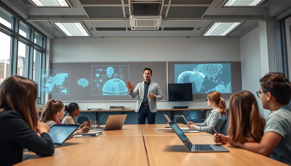 A classroom setting with students and a teacher interacting with holographic displays and AI-powered learning tools. The foreground features a teacher gesturing towards a floating holographic interface, surrounded by attentive students using tablets and laptops. In the middle ground, virtual learning simulations are projected on the walls, creating an immersive educational environment. The background showcases a modern, tech-savvy classroom with floor-to-ceiling windows, allowing natural light to illuminate the scene. The overall mood is one of innovation, collaboration, and the seamless integration of artificial intelligence into the educational experience. A classroom setting with students and a teacher interacting with holographic displays and AI-powered learning tools. The foreground features a teacher gesturing towards a floating holographic interface, surrounded by attentive students using tablets and laptops. In the middle ground, virtual learning simulations are projected on the walls, creating an immersive educational environment. The background showcases a modern, tech-savvy classroom with floor-to-ceiling windows, allowing natural light to illuminate the scene. The overall mood is one of innovation, collaboration, and the seamless integration of artificial intelligence into the educational experience.