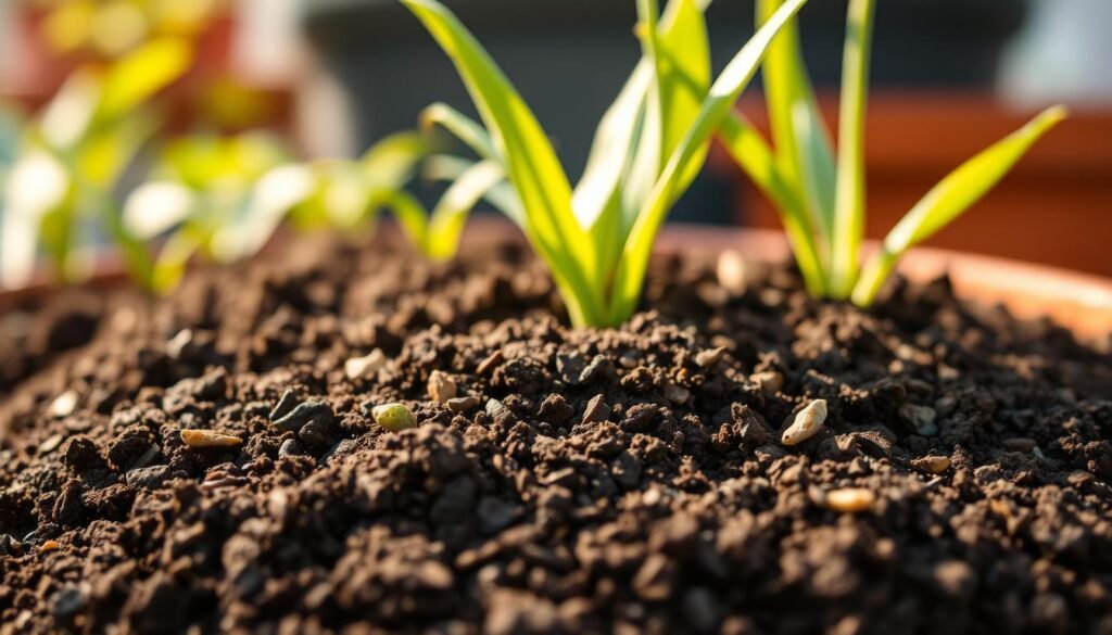 A closeup photograph of a soil mix for container gardening, with a shallow depth of field. The foreground shows a rich, dark soil blend with visible compost, perlite, and vermiculite. The middle ground features lush, green plant leaves emerging from the soil, hinting at the thriving plants that will grow in this nurturing medium. The background is softly blurred, creating a sense of focus on the carefully curated soil. Warm, natural lighting casts a gentle glow, emphasizing the organic texture and composition of the soil mix. The image conveys the importance of a well-balanced, nutrient-rich soil for successful container gardening in urban spaces. A closeup photograph of a soil mix for container gardening, with a shallow depth of field. The foreground shows a rich, dark soil blend with visible compost, perlite, and vermiculite. The middle ground features lush, green plant leaves emerging from the soil, hinting at the thriving plants that will grow in this nurturing medium. The background is softly blurred, creating a sense of focus on the carefully curated soil. Warm, natural lighting casts a gentle glow, emphasizing the organic texture and composition of the soil mix. The image conveys the importance of a well-balanced, nutrient-rich soil for successful container gardening in urban spaces.