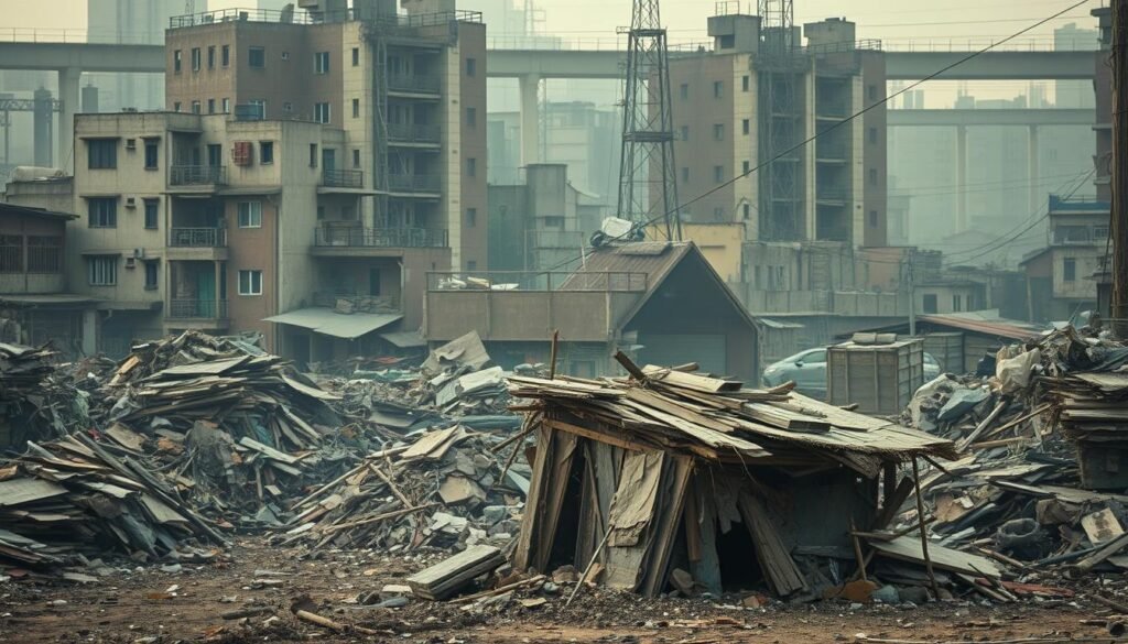 A cluttered urban landscape, buildings and infrastructure in various states of disrepair, with piles of discarded materials and debris scattered throughout. In the foreground, a makeshift shelter constructed from salvaged materials, highlighting the lack of resources and housing. Muted colors, with a sense of grit and grittiness, conveying the constraints and challenges faced by the inhabitants. Soft, diffused lighting filters through the hazy atmosphere, creating an atmosphere of melancholy and resilience. The overall composition suggests the creative potential that emerges from scarcity, where individuals are forced to innovate and find resourceful solutions to everyday problems.