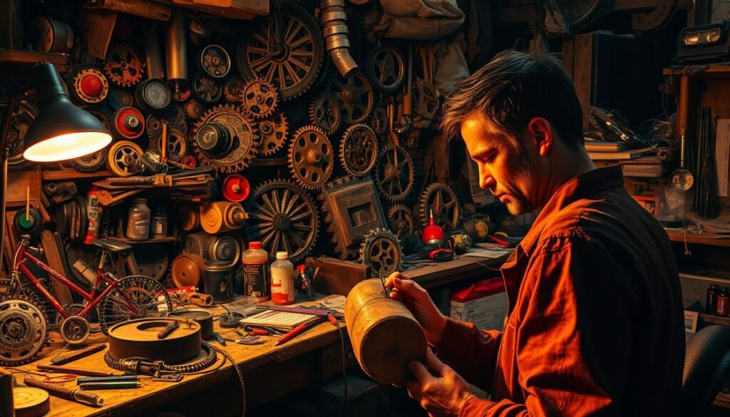 A cluttered workshop overflowing with repurposed materials, gears, and homemade tools. In the foreground, a tinkerer crafts a makeshift device, their face illuminated by the warm glow of a desk lamp. The middle ground is a chaotic array of repurposed objects - bicycle parts, scrap metal, and salvaged electronics - all organized with a practiced hand. The background is a shadowy expanse, hinting at the resourcefulness and ingenuity required to create something extraordinary from humble beginnings. The scene is bathed in a warm, amber light, conveying a sense of industrious determination and the joy of problem-solving through unorthodox means.