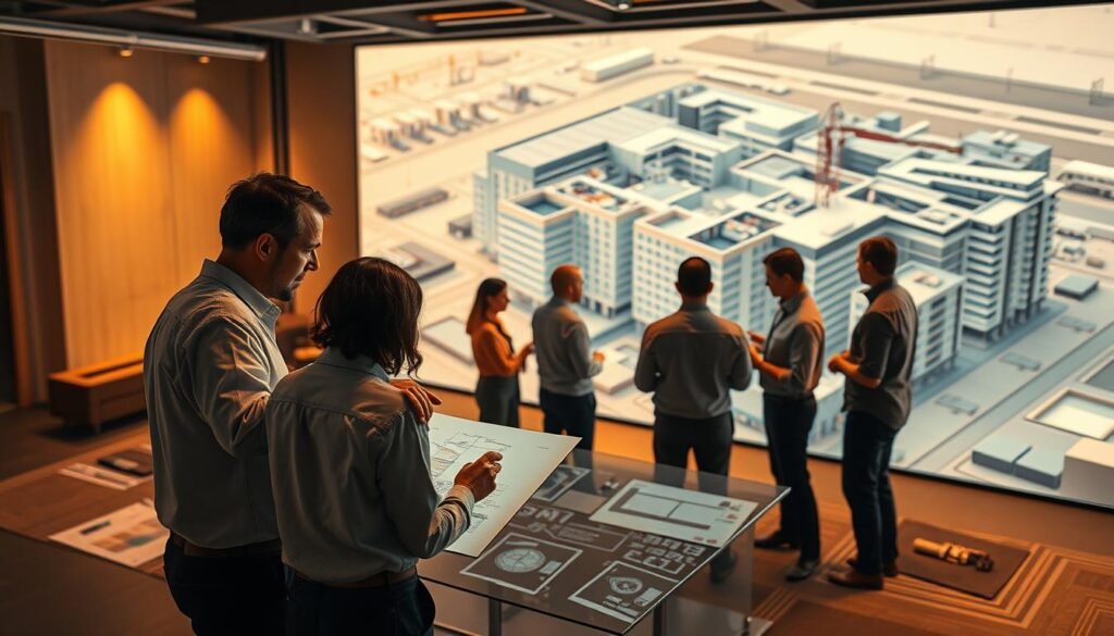 A collaborative design scene in a BIM (Building Information Modeling) environment. In the foreground, two architects huddle over a digital model, gesturing and discussing their design ideas. In the middle ground, a team of engineers and construction managers review technical specifications on a large interactive display. The background reveals a sprawling 3D model of a complex commercial building, with various sections highlighted and annotated. Warm, indirect lighting illuminates the scene, creating a sense of focused productivity and teamwork. The overall atmosphere conveys the seamless integration of digital tools and human expertise in the modern construction industry.