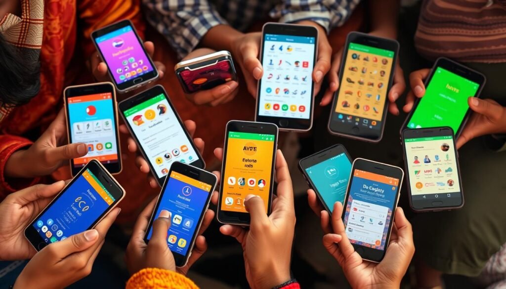 A collection of regional language apps displayed on various mobile devices, showcasing the diversity of digital tools available to users. The apps are intuitively designed, with vibrant colors and intuitive interfaces that cater to the linguistic preferences of different communities. The devices are held by hands from diverse backgrounds, reflecting the inclusive nature of this technological landscape. The scene is bathed in warm, natural lighting, creating a sense of familiarity and accessibility. The overall composition conveys the empowering role of technology in preserving and promoting the rich tapestry of India's linguistic heritage.