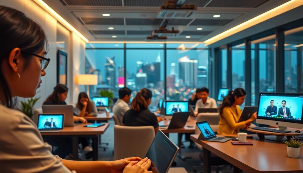 A contemporary digital classroom with students attending online lectures on their laptops and tablets. The foreground features a young woman intently watching a video tutorial, surrounded by a diverse group of peers learning remotely. The middle ground showcases a sleek, minimalist workspace with modern furniture and decor, conveying a professional yet cozy atmosphere. The background depicts a vibrant city skyline, hinting at the global reach and accessibility of online education. Soft, warm lighting emanates a sense of focus and productivity. Captured with a wide-angle lens to convey the expansive, connected nature of this IndiaVibes Today online learning scene.