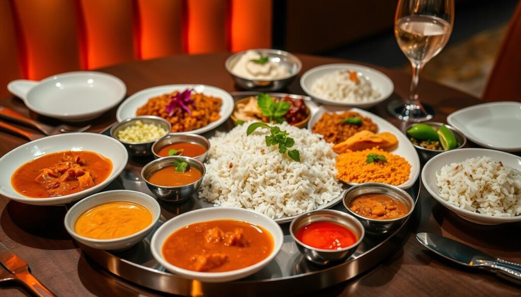 A contemporary thali presentation with an artful arrangement of vibrant regional dishes. Sleek, minimalist plates showcase delectable curries, aromatic rice, and fresh chutneys. Carefully crafted garnishes and vibrant sauces add visual interest. Warm lighting casts a soft glow, highlighting the textural contrasts and rich colors. The table setting features clean lines and polished metal accents, blending traditional and modern elements. An innovative take on the beloved thali, capturing the essence of India's diverse culinary heritage with a refined, elevated aesthetic.