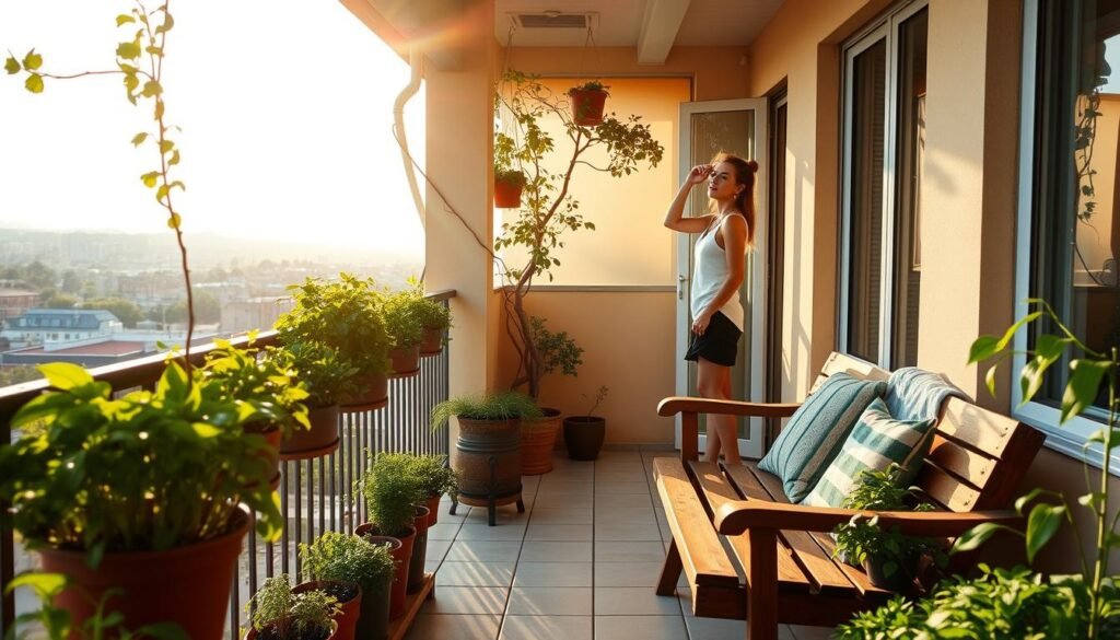 A cozy balcony bathed in warm afternoon sunlight, the rays casting a gentle glow on the lush greenery around. A woman stands on the balcony, one hand shielding her eyes as she assesses the available light, her expression thoughtful. The balcony is spacious, with a tiled floor and a sturdy railing that offers a panoramic view of the cityscape beyond. Potted plants and herbs line the edges, their leaves rustling in the soft breeze. A wooden bench invites one to sit and savor the peaceful ambiance. The overall scene conveys a sense of tranquility and the perfect environment for cultivating a thriving balcony garden. A cozy balcony bathed in warm afternoon sunlight, the rays casting a gentle glow on the lush greenery around. A woman stands on the balcony, one hand shielding her eyes as she assesses the available light, her expression thoughtful. The balcony is spacious, with a tiled floor and a sturdy railing that offers a panoramic view of the cityscape beyond. Potted plants and herbs line the edges, their leaves rustling in the soft breeze. A wooden bench invites one to sit and savor the peaceful ambiance. The overall scene conveys a sense of tranquility and the perfect environment for cultivating a thriving balcony garden.