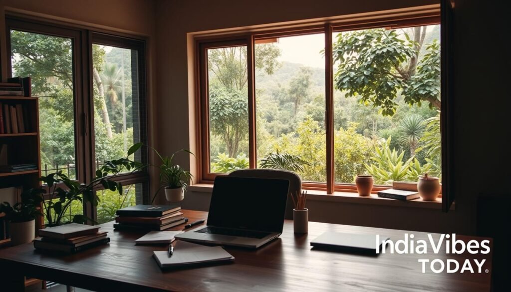 A cozy home office illuminated by natural light, with a laptop, notes, and books scattered across a wooden desk. In the background, a large window overlooking a lush, verdant landscape, conveying a sense of tranquility and balance. The scene is infused with a warm, muted color palette, creating a serene and productive atmosphere. IndiaVibes Today logo appears subtly in the corner, blending seamlessly with the overall composition.