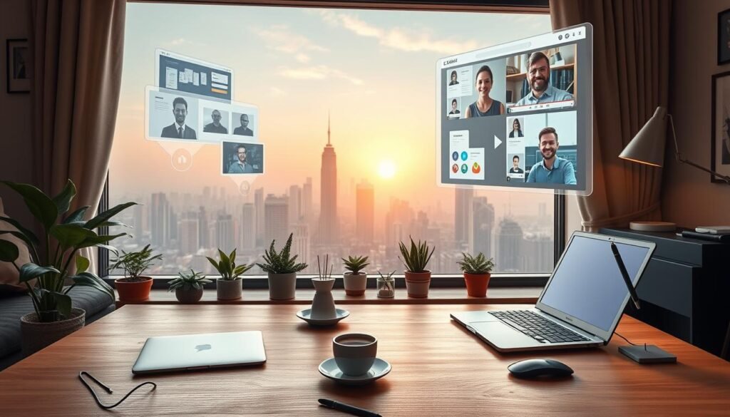 A cozy home office overlooking a bustling city skyline. In the foreground, a minimalist wooden desk with a sleek laptop, stylus, and wireless peripherals. Floating holographic displays project collaborative documents and video calls, creating an immersive remote work experience. The middle ground features potted plants, a mug of steaming coffee, and a carefully curated array of personal mementos. The background depicts the metropolitan landscape, hazy with the glow of sunset, as AI-powered smart home systems subtly optimize lighting, temperature, and ambient sounds to enhance productivity. An atmosphere of focused tranquility pervades the scene, reflecting the new normal of remote collaboration in the age of Work 4.0. A cozy home office overlooking a bustling city skyline. In the foreground, a minimalist wooden desk with a sleek laptop, stylus, and wireless peripherals. Floating holographic displays project collaborative documents and video calls, creating an immersive remote work experience. The middle ground features potted plants, a mug of steaming coffee, and a carefully curated array of personal mementos. The background depicts the metropolitan landscape, hazy with the glow of sunset, as AI-powered smart home systems subtly optimize lighting, temperature, and ambient sounds to enhance productivity. An atmosphere of focused tranquility pervades the scene, reflecting the new normal of remote collaboration in the age of Work 4.0.