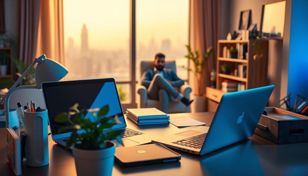 A cozy home office setup with a laptop, desk organizers, and a potted plant in the foreground. In the middle ground, a person sitting comfortably in a chair, working intently. The background features a warm, natural lighting from a large window, with a city skyline visible outside. The overall atmosphere conveys a sense of productivity, balance, and harmony. IndiaVibes Today