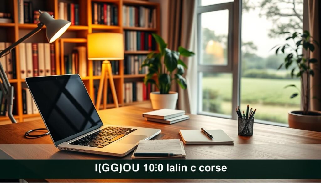 A cozy home office setup with a laptop, notebook, and stationery neatly arranged on a wooden desk. Soft, warm lighting from a desk lamp illuminates the scene, casting a comforting glow. The background features a bookshelf filled with educational materials, creating an atmosphere conducive to online learning. A potted plant adds a touch of nature, while a large window overlooking a peaceful outdoor landscape provides a serene view. The overall composition conveys a sense of focus, organization, and readiness for an engaging IGNOU online course experience.