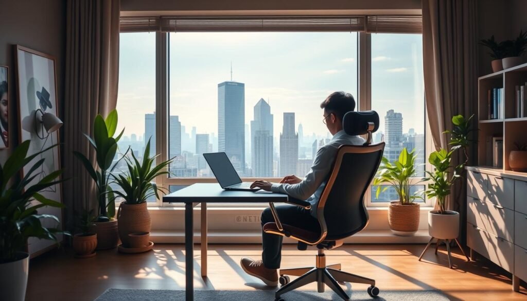 A cozy home office with natural lighting streaming through large windows, showcasing a laptop, ergonomic chair, and potted plants. In the middle ground, a person is working diligently, their face obscured, representing the anonymity of remote work. The background depicts a serene cityscape with skyscrapers, a nod to the urban professionals who have embraced remote careers. The image conveys a sense of productivity, balance, and the flexibility of remote jobs. IndiaVibes Today