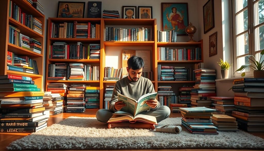 A cozy study space with stacks of books and language learning materials, highlighted by warm lighting and a soft focus. In the foreground, a person sits cross-legged on a plush rug, deeply engaged in their study of Indian language textbooks and interactive apps. Behind them, a bookshelf filled with multilingual dictionaries and language-learning resources. The walls are adorned with vibrant cultural artwork, creating an inspiring environment for effective language mastery. Sunlight filters in through a large window, bathing the scene in a golden glow and fostering a sense of tranquility and focus.