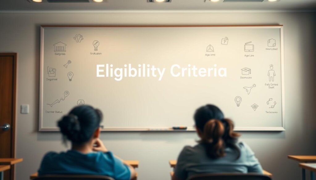 A crisp, well-lit classroom setting with a large chalkboard or whiteboard taking up the central focus. On the board, neatly written "Eligibility Criteria" in bold, clean typography. Scattered around the board, infographic-style icons and symbols representing the key requirements for IGNOU admission - graduation degrees, age limits, domicile status, test scores, etc. The foreground has a couple of students sitting at desks, intently studying the board. The background is softly blurred, conveying a sense of academic focus and studiousness. The lighting is warm and natural, creating a welcoming, educational atmosphere.