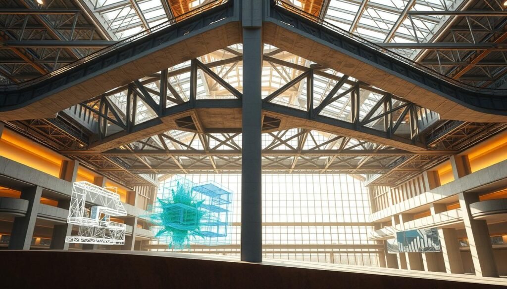 A cross-section of a modern, innovative structural design showcasing a mix of cutting-edge materials and techniques. In the foreground, a central reinforced concrete column supports a network of interlocking steel beams and trusses, forming a dynamic, asymmetrical framework. The middle ground features intricate computer-generated simulations of stress patterns and load-bearing calculations, while the background is dominated by a vast, brightly lit architectural atrium with a high glass ceiling. Warm, diffused lighting casts dramatic shadows, highlighting the complex, sculptural qualities of the structure. The overall impression conveys a sense of engineering excellence, technological progress, and the pursuit of more efficient, sustainable building solutions.