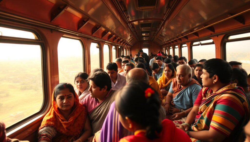 A crowded Indian train carriage, the air thick with the scent of spices and the chatter of diverse passengers. In the foreground, a group of local travelers engrossed in animated conversation, their colorful traditional attire a vibrant tapestry. Through the windows, a glimpse of the ever-changing Indian landscape - rolling hills, bustling villages, and towering mountains. Warm, diffused lighting casts a golden glow, lending an atmosphere of timeless cultural exchange. The camera captures this intimate moment, a candid snapshot of the rich tapestry of India's cultural mosaic unfolding within the confines of the train's steel frame.