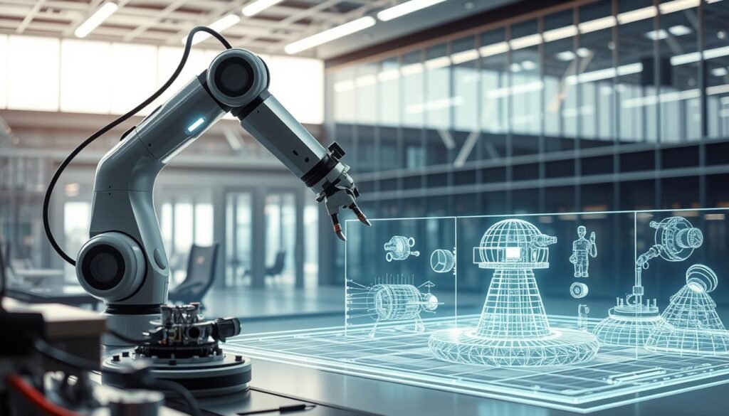 A cutting-edge technological landscape unfolds, showcasing the future of engineering. In the foreground, a sleek, futuristic robotic arm gracefully manipulates intricate components, its precision movements a testament to advanced algorithms and sensors. In the middle ground, a holographic display projects intricate 3D models, allowing engineers to visualize and interact with their designs in real-time. The background is dominated by a gleaming, high-tech facility, its clean lines and glass panels reflecting the latest advancements in sustainable architecture and energy-efficient systems. Soft, ambient lighting bathes the scene, creating a sense of awe and wonder, while a subtle depth of field draws the viewer's attention to the center of the frame, where the technological marvels take center stage.