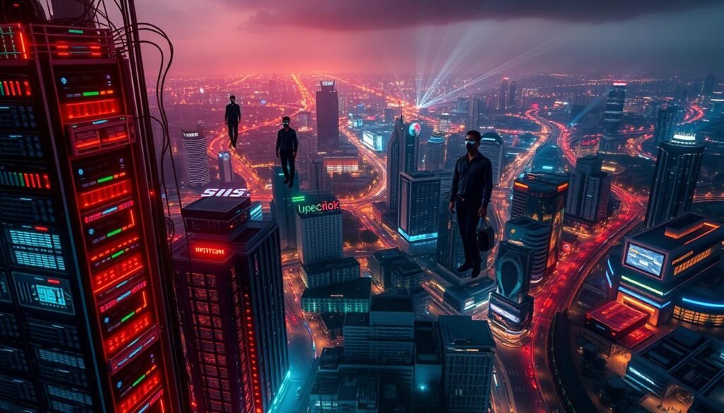 A cybersecurity-themed cityscape of India, bathed in an ominous, neon-tinged glow. In the foreground, a tower of servers and communication hubs, their blinking lights evoking the pulse of digital activity. Surrounding them, skyscrapers and high-tech infrastructure, their facades adorned with glowing circuit patterns and holographic displays. The middle ground features shadowy figures navigating the online landscape, their faces obscured by digital masks. In the background, a sprawling metropolis stretches out, its streets crisscrossed by beams of light, hinting at the vast, interconnected web of data and communication that powers India's thriving IT and service sectors - and the ever-present need to secure it all. The scene is captured through a wide-angle lens, emphasizing the scale and complexity of the cybersecurity challenges facing the country.