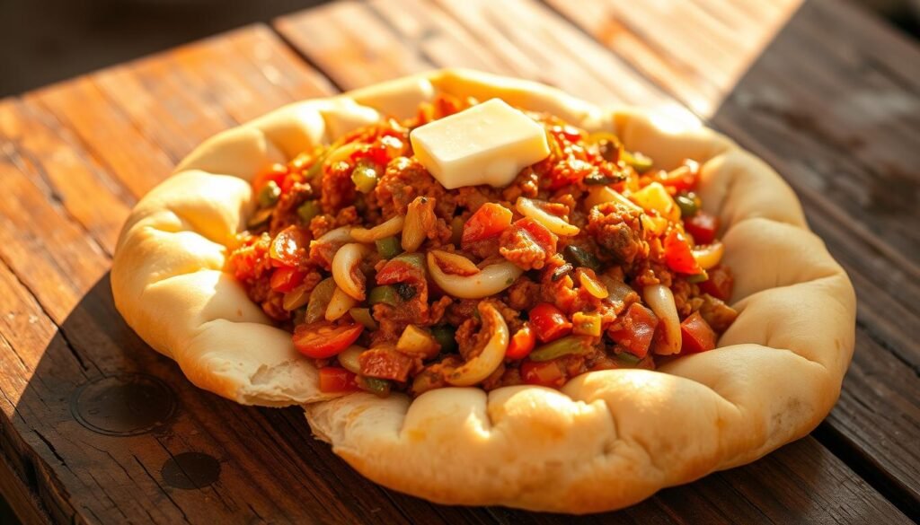 A delectable pile of Pav Bhaji, a spicy and savory vegetable mash, takes center stage on a rustic wooden table. The aromatic blend of sautéed onions, tomatoes, and assorted vegetables simmers in a rich, tangy sauce, topped with a generous dollop of butter. Soft, pillowy Pav buns, freshly baked, await to be torn and dipped into the flavorful mixture. The scene is illuminated by warm, natural lighting, casting a golden glow and accentuating the vibrant colors of the dish. The overall composition evokes the lively street food culture of India, inviting the viewer to savor the authentic taste of this beloved Mumbai specialty. A delectable pile of Pav Bhaji, a spicy and savory vegetable mash, takes center stage on a rustic wooden table. The aromatic blend of sautéed onions, tomatoes, and assorted vegetables simmers in a rich, tangy sauce, topped with a generous dollop of butter. Soft, pillowy Pav buns, freshly baked, await to be torn and dipped into the flavorful mixture. The scene is illuminated by warm, natural lighting, casting a golden glow and accentuating the vibrant colors of the dish. The overall composition evokes the lively street food culture of India, inviting the viewer to savor the authentic taste of this beloved Mumbai specialty.