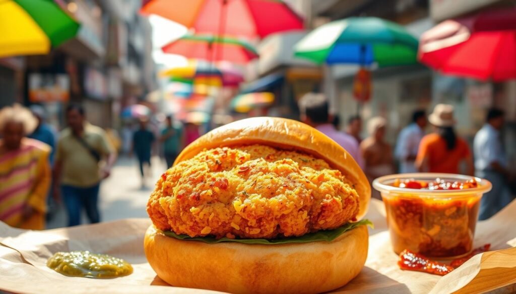 A delectable street food delight, a Vada Pav sits on a soft, pillowy bun, its golden-brown exterior glistening under the warm afternoon sun. In the foreground, the crisp, savory fried potato patty takes center stage, its surface dotted with fragrant spices. Framing the main subject, vibrant green chutneys and a piquant garlic-chili paste add pops of color and depth of flavor. In the background, the bustling streets of Mumbai come alive, with colorful umbrellas and the silhouettes of passersby creating a lively, authentic atmosphere. Capture this iconic Indian street food in a high-resolution, photorealistic style with a wide-angle lens, showcasing the hearty, satisfying nature of this beloved Mumbai staple. A delectable street food delight, a Vada Pav sits on a soft, pillowy bun, its golden-brown exterior glistening under the warm afternoon sun. In the foreground, the crisp, savory fried potato patty takes center stage, its surface dotted with fragrant spices. Framing the main subject, vibrant green chutneys and a piquant garlic-chili paste add pops of color and depth of flavor. In the background, the bustling streets of Mumbai come alive, with colorful umbrellas and the silhouettes of passersby creating a lively, authentic atmosphere. Capture this iconic Indian street food in a high-resolution, photorealistic style with a wide-angle lens, showcasing the hearty, satisfying nature of this beloved Mumbai staple.