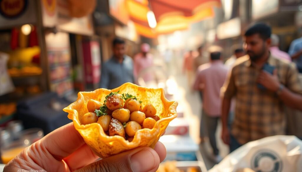A delicately fried golden-brown pani puri shell, its crispy exterior giving way to a tantalizing interior filled with a vibrant blend of spiced potatoes, chickpeas, and tangy tamarind water. The chaat vendor's skilled hands carefully assembles the dish, adding a drizzle of coriander chutney and a sprinkle of sev, against the backdrop of a bustling Indian street scene. Warm sunlight filters through the stalls, casting a soft, inviting glow over the scene, as passersby eagerly await their turn to savor this quintessential Indian street food delight. A delicately fried golden-brown pani puri shell, its crispy exterior giving way to a tantalizing interior filled with a vibrant blend of spiced potatoes, chickpeas, and tangy tamarind water. The chaat vendor's skilled hands carefully assembles the dish, adding a drizzle of coriander chutney and a sprinkle of sev, against the backdrop of a bustling Indian street scene. Warm sunlight filters through the stalls, casting a soft, inviting glow over the scene, as passersby eagerly await their turn to savor this quintessential Indian street food delight.