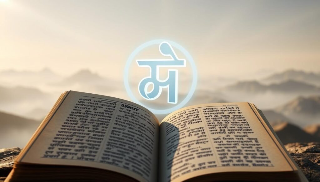 A detailed digital illustration of the intricate structure and grammar of the Sanskrit language. In the foreground, a large open Sanskrit text manuscript hovers, its pages displaying neatly organized slokas and sutras. In the middle ground, a translucent 3D model of the Devanagari script rotates, its characters intricately detailed. In the background, a serene and contemplative atmosphere, with ethereal rays of light filtering through a hazy, mystical landscape. The scene conveys the depth, complexity, and timeless beauty of the Sanskrit language, capturing its essence as the foundation of India's vast knowledge systems.