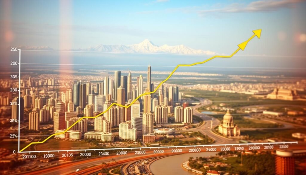 A detailed graph depicting India's GDP growth rate over the past decade, showcasing a steady upward trajectory. The foreground features a line chart with vibrant colors, highlighting the annual GDP growth percentages. In the middle ground, a cityscape of modern Indian metropolises reflects the nation's economic transformation, while the background captures the diverse landscapes of the subcontinent, from the Himalayas to the coastlines. The scene is illuminated by warm, golden lighting, conveying a sense of optimism and progress. The overall composition emphasizes India's economic development and the country's journey towards becoming a $10 trillion economy.