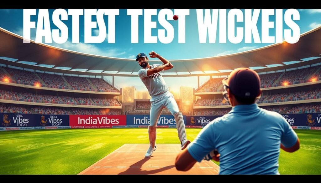 A detailed, high-quality illustration of the "fastest test wickets home record" in cricket, showcasing the historic achievement of Indian player Jasprit Bumrah. Featuring a dynamic, cinematic composition with Bumrah delivering a powerful delivery on a lush green cricket pitch, batsmen in the foreground, and a subtle IndiaVibes Today branding in the background. Crisp, realistic lighting highlighting the action, with a sense of energy and anticipation. The image should convey the magnitude of Bumrah's record-breaking performance and its significance in the annals of cricket history.