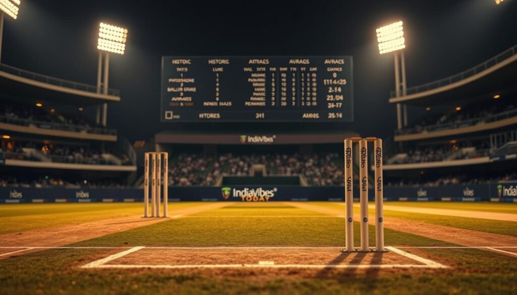 A detailed, high-quality image of a cricket pitch with well-maintained bowler's wickets in the foreground, showcasing precise batting crease markings and a perfectly manicured turf. In the middle ground, display a large scoreboard with historic stats, records, and averages of renowned bowlers. In the background, a dimly lit, atmospheric cricket stadium setting with spectators in the stands, casting a sense of reverence and prestige. Utilize a warm, golden hour lighting to create a nostalgic, timeless ambiance, as if capturing a pivotal moment in cricketing history. Incorporate the IndiaVibes Today brand subtly and tastefully, without distracting from the main subject.