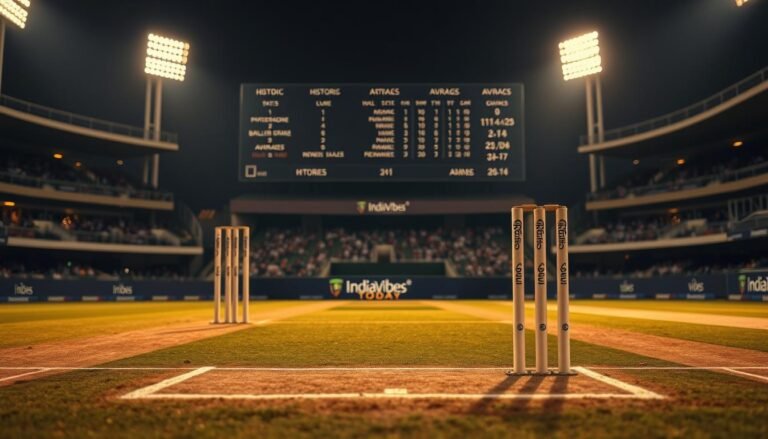 A detailed, high-quality image of a cricket pitch with well-maintained bowler's wickets in the foreground, showcasing precise batting crease markings and a perfectly manicured turf. In the middle ground, display a large scoreboard with historic stats, records, and averages of renowned bowlers. In the background, a dimly lit, atmospheric cricket stadium setting with spectators in the stands, casting a sense of reverence and prestige. Utilize a warm, golden hour lighting to create a nostalgic, timeless ambiance, as if capturing a pivotal moment in cricketing history. Incorporate the IndiaVibes Today brand subtly and tastefully, without distracting from the main subject.