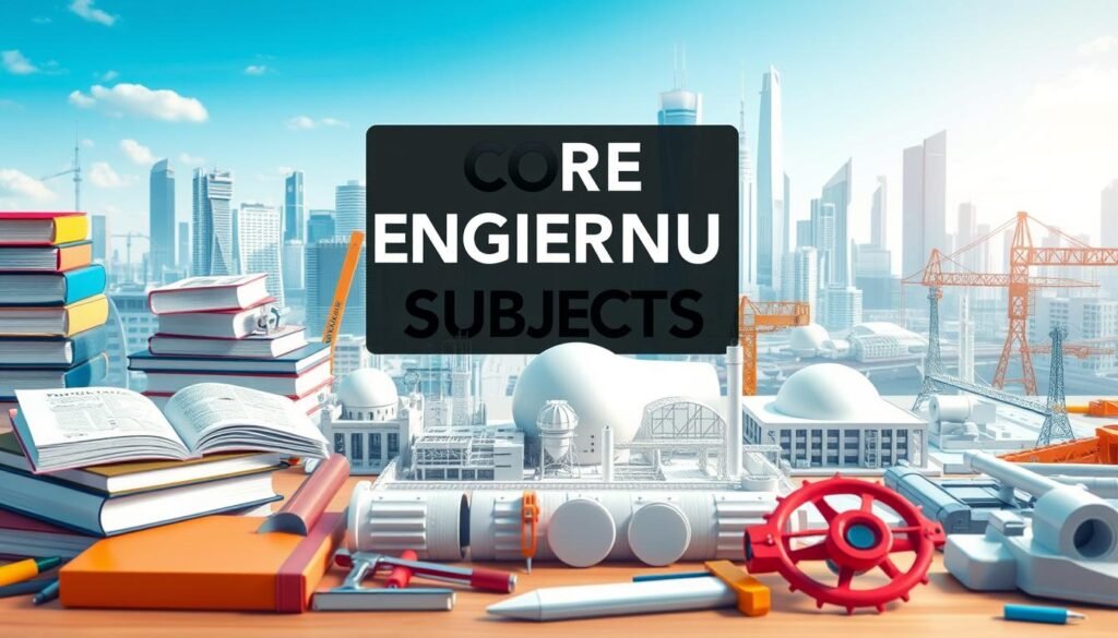 A detailed illustration of core engineering subjects, captured in a clean, technical style. In the foreground, textbooks, tools, and instruments representing foundational courses like Mathematics, Physics, and Chemistry. The middle ground showcases 3D models and schematics for core engineering disciplines such as Mechanical, Electrical, and Civil Engineering. In the background, a futuristic cityscape with skyscrapers and infrastructure, hinting at the real-world applications of these subjects. The lighting is crisp and evenly distributed, highlighting the precision and rigor of the engineering curriculum. The camera angle is slightly elevated, conveying a sense of authority and comprehensive coverage of the core curriculum.