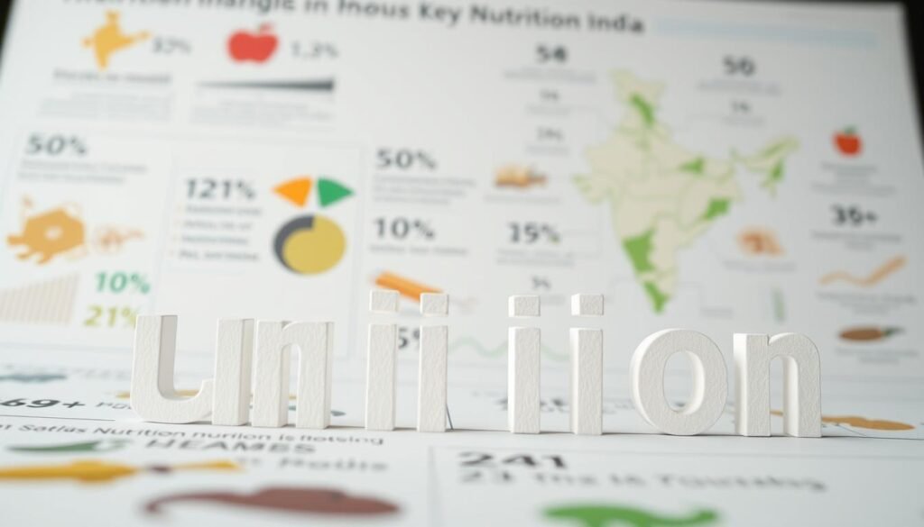A detailed infographic depicting key nutrition statistics in India. In the foreground, a bold title "Nutrition in India" with clean, modern typography. In the middle ground, a series of data visualizations showcasing malnutrition rates, deficiency levels, and related health indicators. The background features a soft, blurred map of the Indian subcontinent, highlighting the geographic distribution of these statistics. The overall aesthetic is informative yet visually striking, with a balanced use of colors, shapes, and data presentation techniques to convey the gravity of India's nutrition challenges. Crisp lighting, a shallow depth of field, and a slight low-angle perspective lend a sense of authority and importance to the scene.