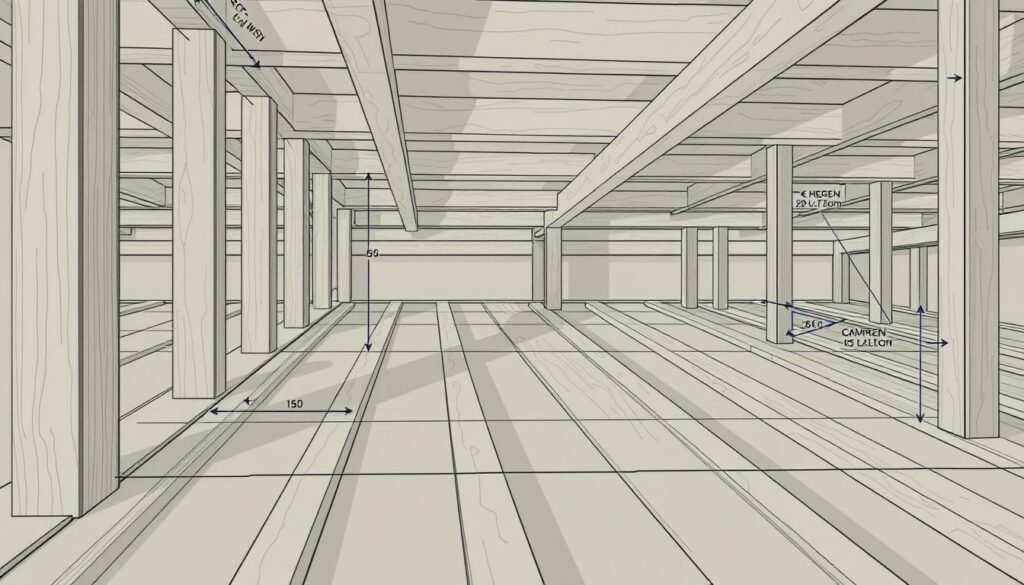 A detailed technical illustration of joist spacing guidelines, rendered in a technical blueprint style. The image shows a sectional view of a wooden floor structure, with joists and beams clearly labeled and dimensioned. The layout is precise and accurate, adhering to industry standards. Muted colors, clean lines, and an emphasis on measurements convey a sense of professionalism and attention to detail. Lighting is soft and evenly distributed, creating a neutral, informative tone. The perspective is slightly elevated, providing a clear overview of the structural components. The overall mood is one of practical, authoritative guidance on proper joist installation.