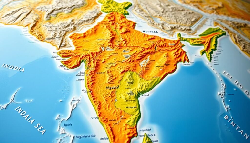 A detailed topographic map of the Indian subcontinent, showcasing the diverse geography of the country. The foreground depicts the major states and union territories in vibrant colors, with distinct borders and natural features like rivers and mountain ranges. The middle ground highlights the Himalayan range in the north, the Deccan Plateau in the south, and the vast Indo-Gangetic Plain in between. The background showcases the surrounding bodies of water, including the Arabian Sea, the Bay of Bengal, and the Indian Ocean, creating a sense of scale and context. The lighting is natural, with a warm, inviting tone, and the image is captured with a wide-angle lens to provide a comprehensive view of the Indian landmass.